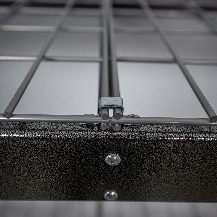 close up of gray wire grid deck