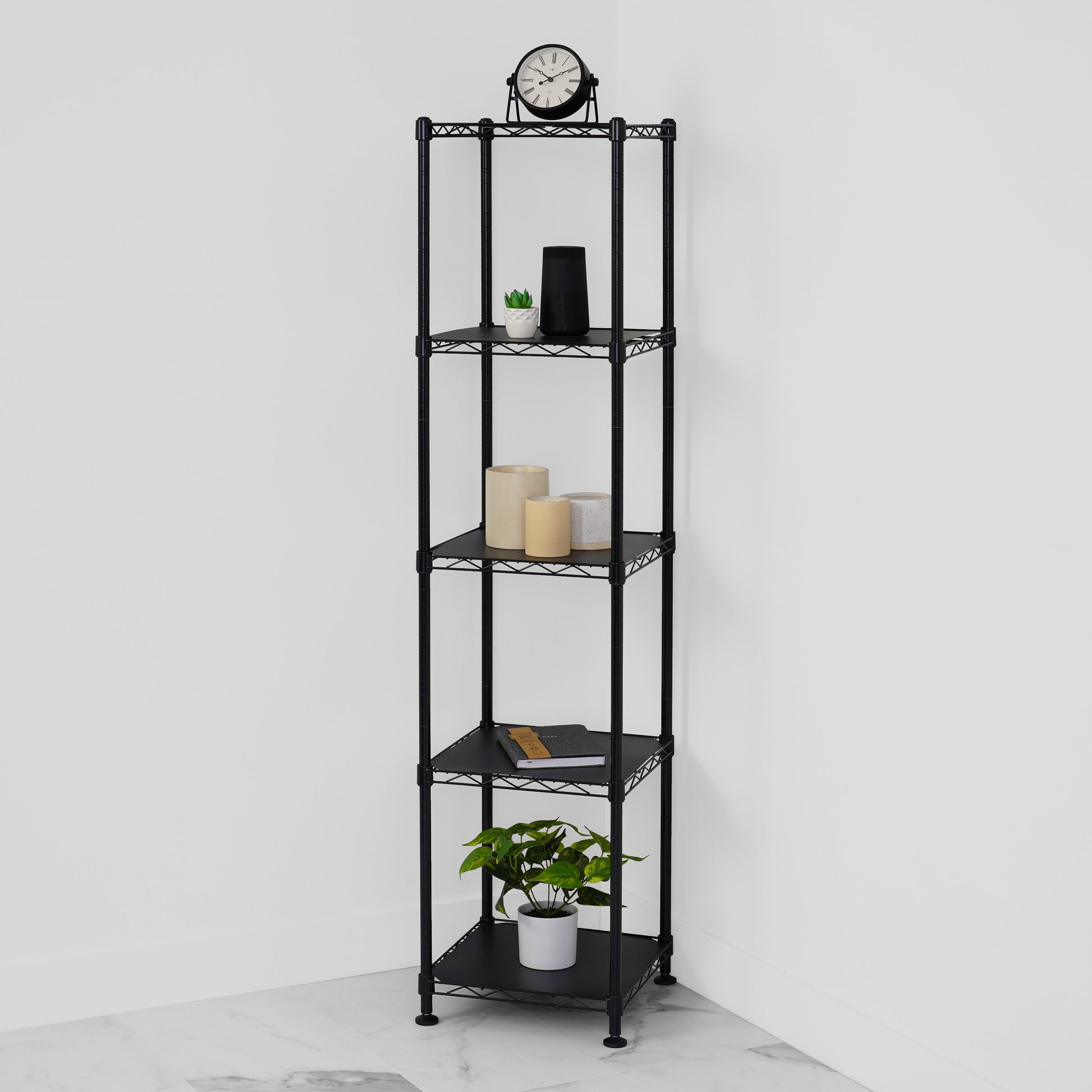 saferacks 14x14x60 corner wire rack with interior decorations like plants, books, and candles (8143456305366)