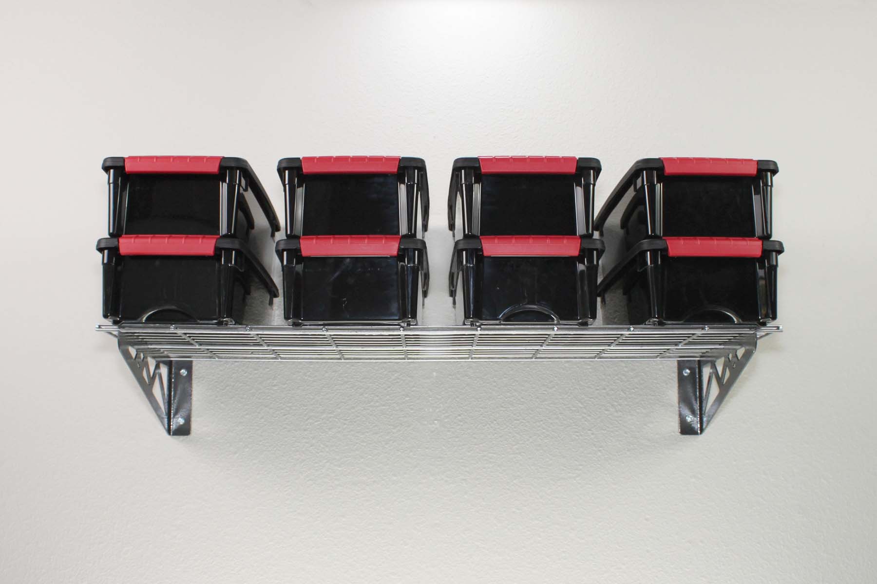 gray wall shelve with bins