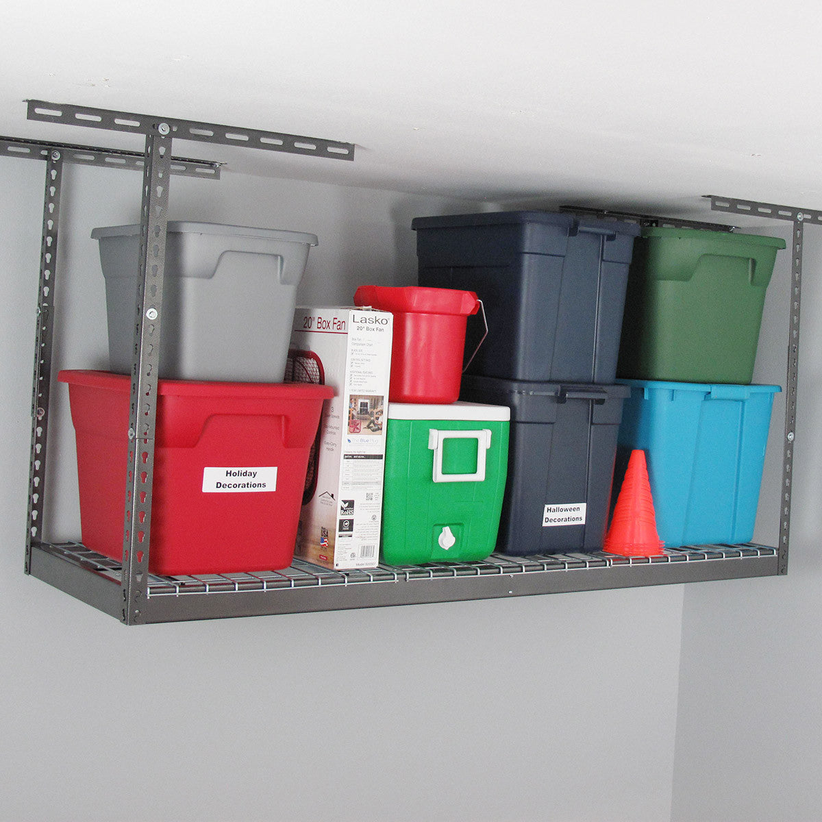 gray overhead rack with bins