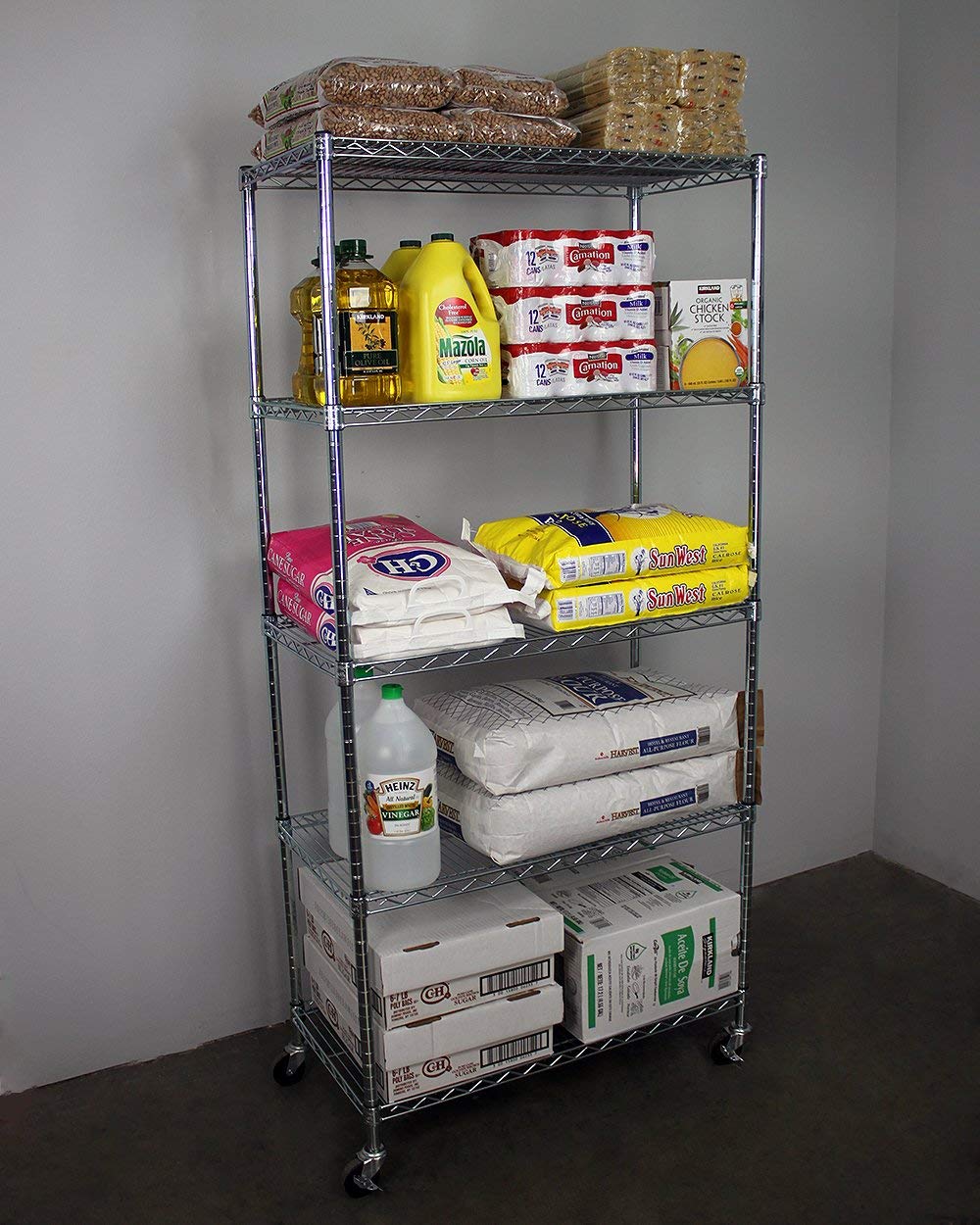 wire shelf with food items