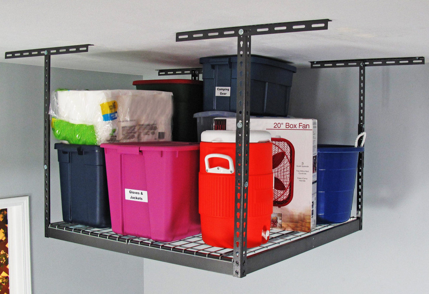 gray overhead rack like bins and boxes