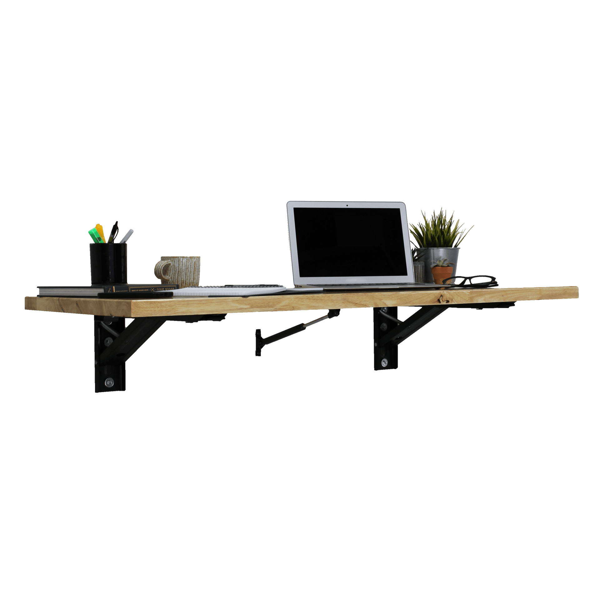 folding workbench with laptop and office decorations