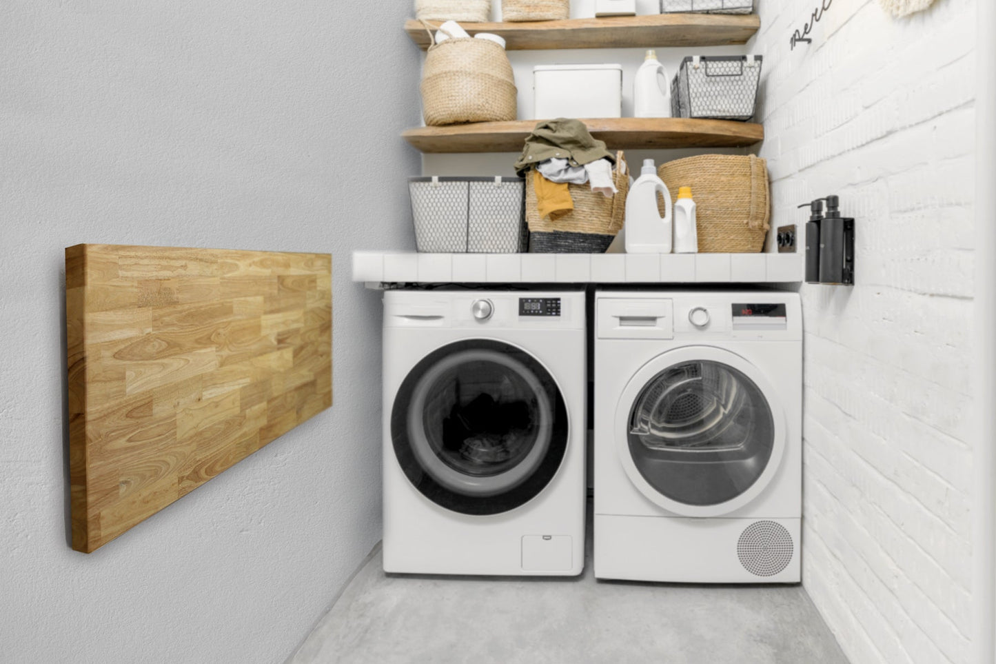 folding workbench in a laundry room setting